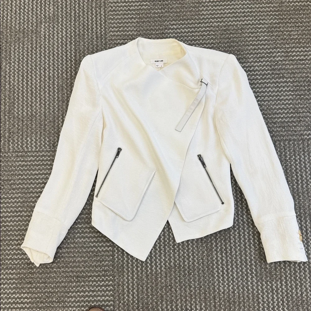 HELMUT LANG white lambskin leather trim asymmetric biker jacket, size 2